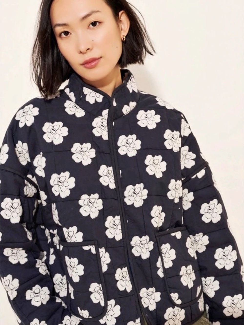 Free People Chloe Quilted Jacket Floral Puffer in Black & White *NEW* Size Small